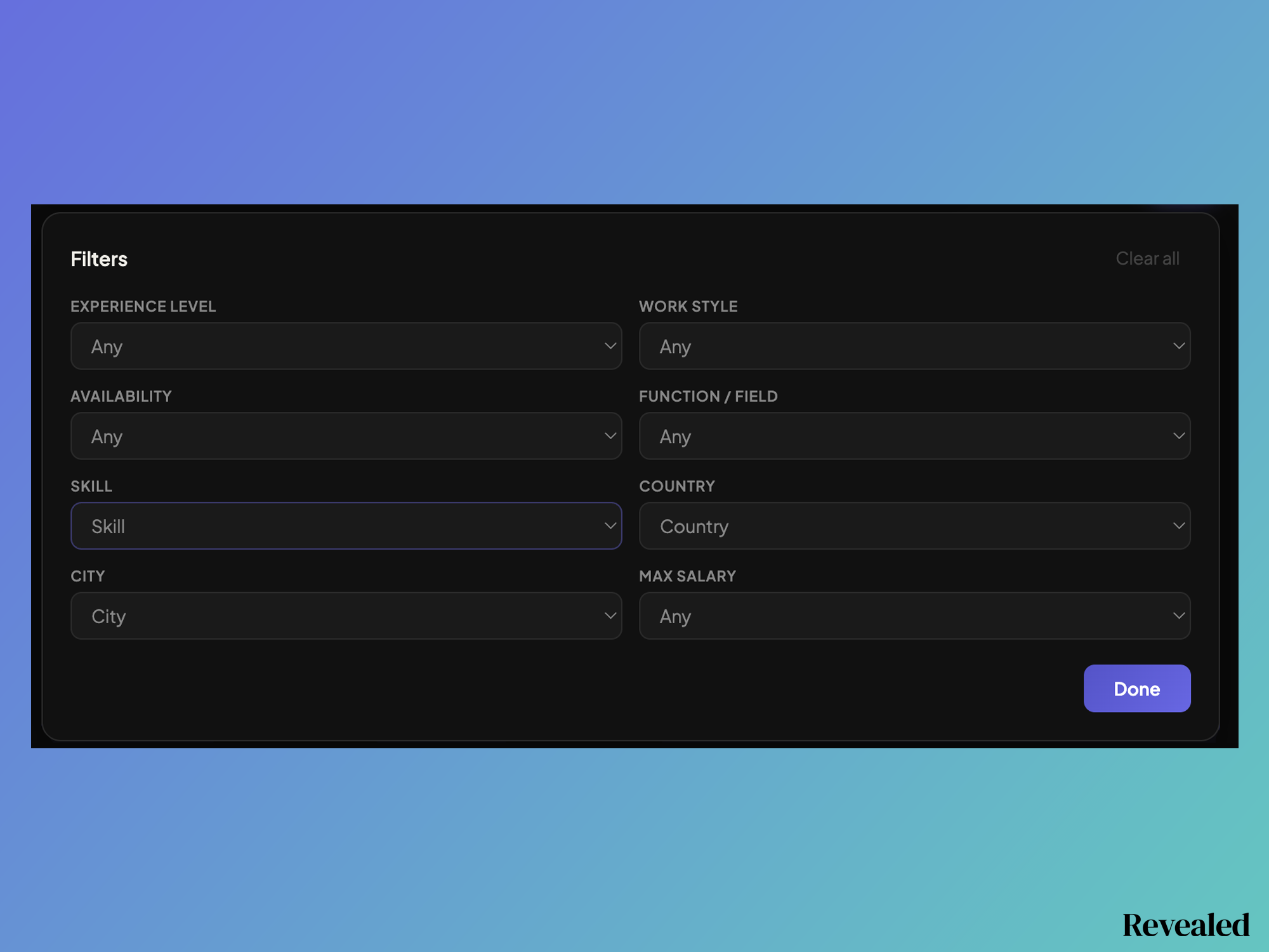 Search filters on Revealed